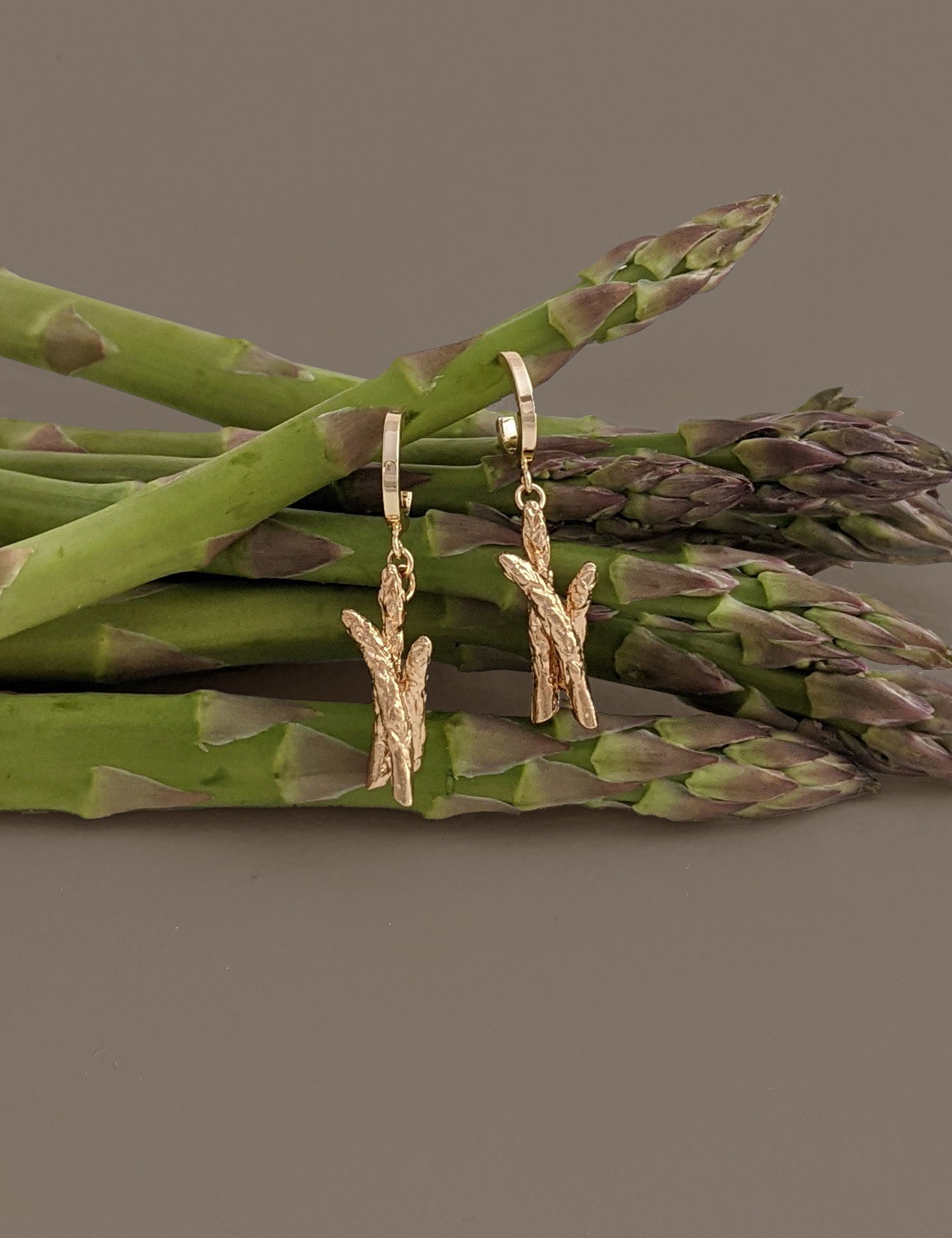A pair of gold-filled brass asparagus hoop earrings with a hypo-allergenic rubber clutch, displayed on a bed of asparagus spears.