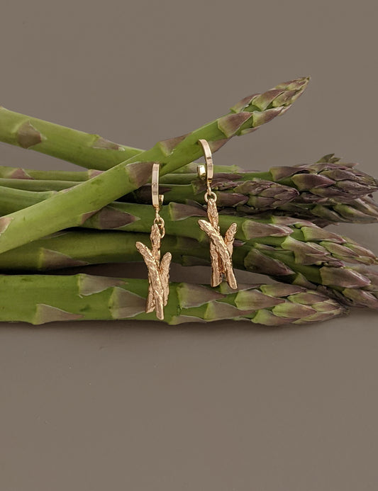 A pair of gold-filled brass asparagus hoop earrings with a hypo-allergenic rubber clutch, displayed on a bed of asparagus spears.